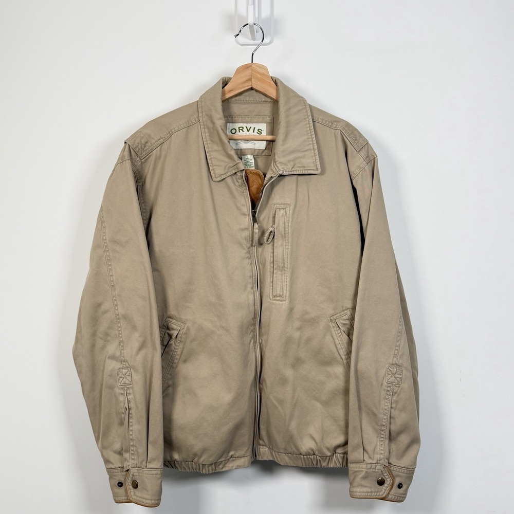 Orvis Canvas Jacket Mens Large Tan Bomber‎ Cotton Leather Trim Full Zip Hunting